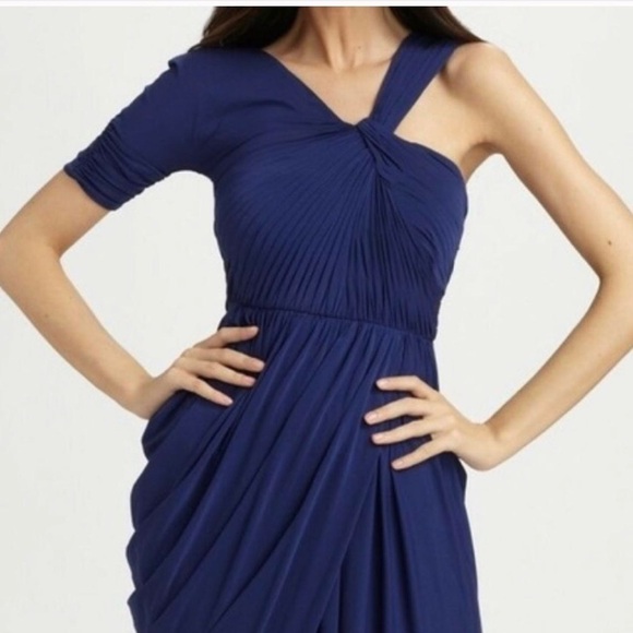 BCBGMaxAzria Christina Ruched Asymmetric Blue Drape Dress Women’s Size Medium M - Picture 1 of 15